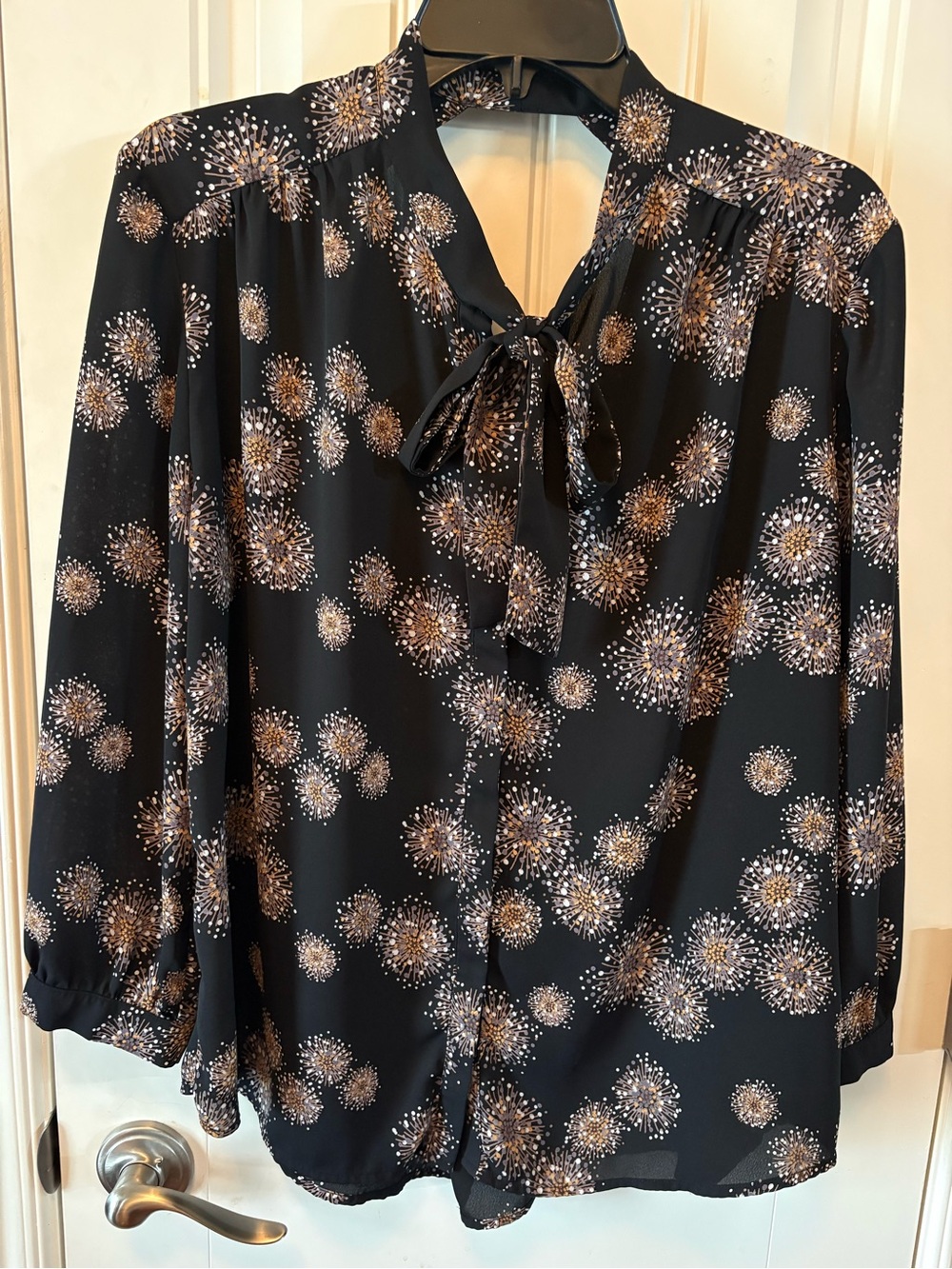 Collective Concepts Black Tie-Neck Blouse with Metallic Burst Print